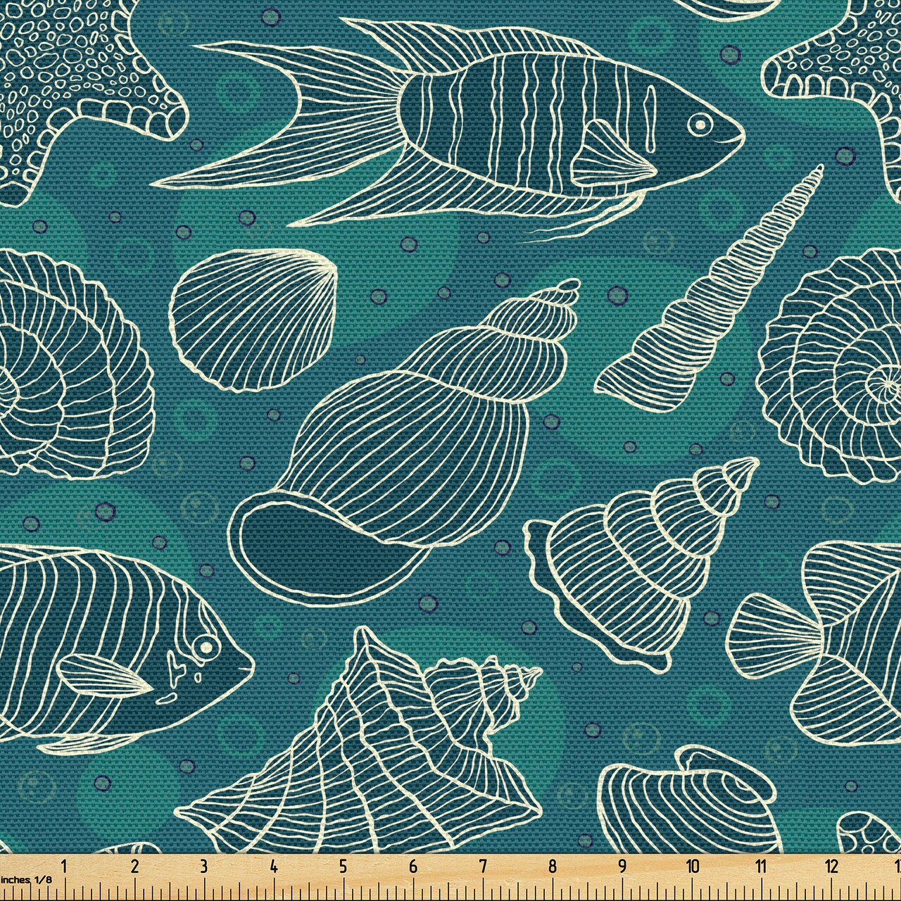Ambesonne Sea Shells Fabric by The Yard, Nautical Ocean Pattern Underwater World Sea Life Theme Sketch Style, Decorative Fabric for Upholstery and Home Accents, 10 Yards, Teal Blue